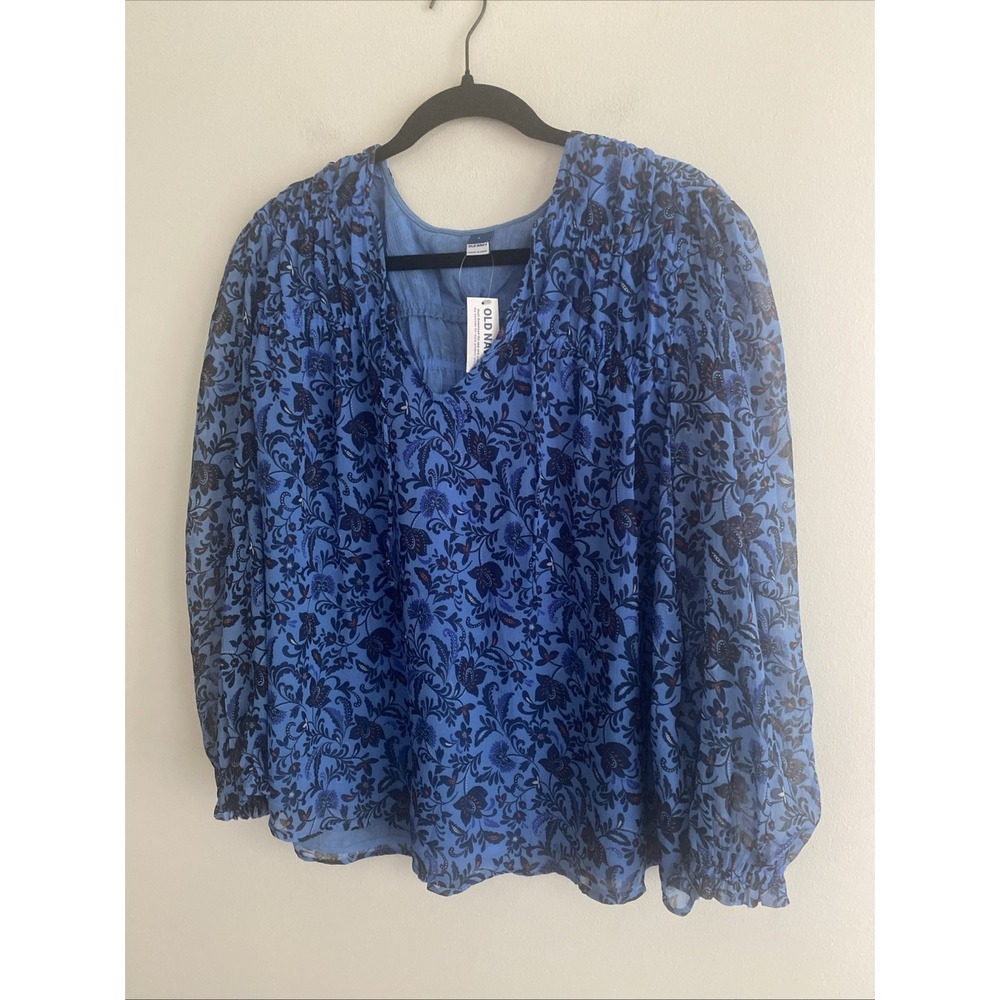 Old Navy Womens Blue Floral Poet Swing Bohemian Chiffon‎ Top Shirt Blouse L NWT